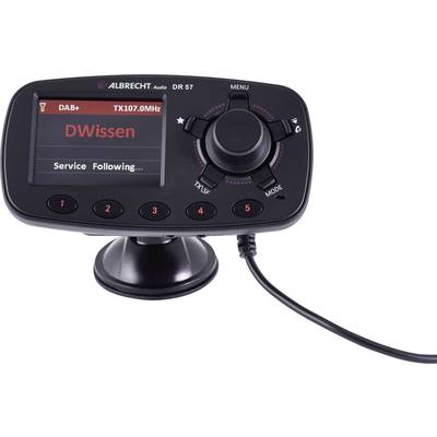 Een digitale radio met een scherm dat 'DAB+' en 'D Wissen' weergeeft. Het heeft knoppen voor menu, favorieten en modus.