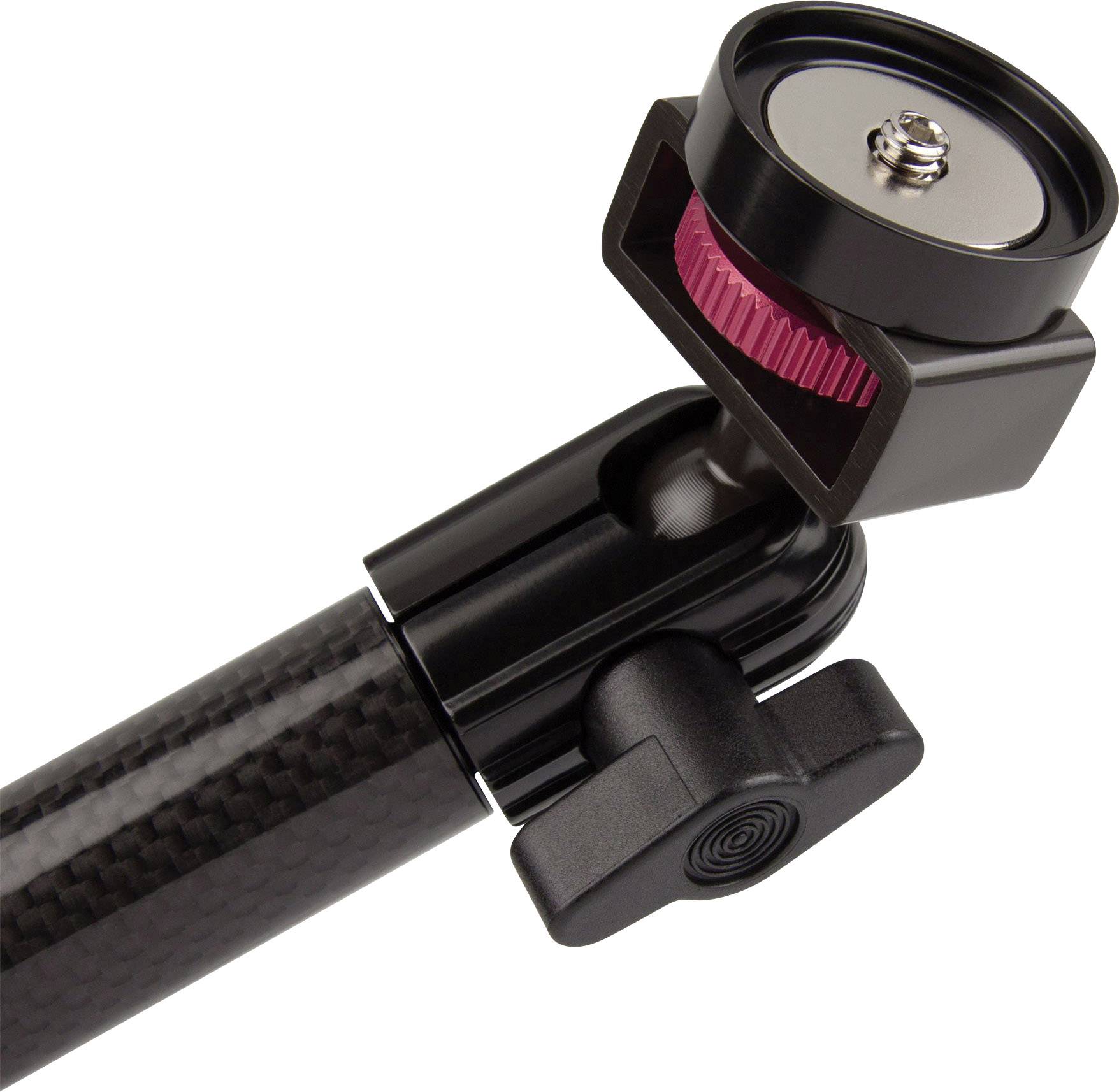 Zwarte selfie-stick met rode handgreep en verstelbare kop, geschikt voor camera's of smartphones.