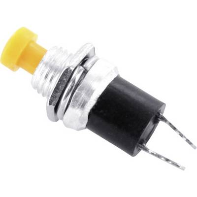 Een gele drukknop met twee metalen aansluitingen, geschikt voor elektronische schakelingen en DIY-projecten.