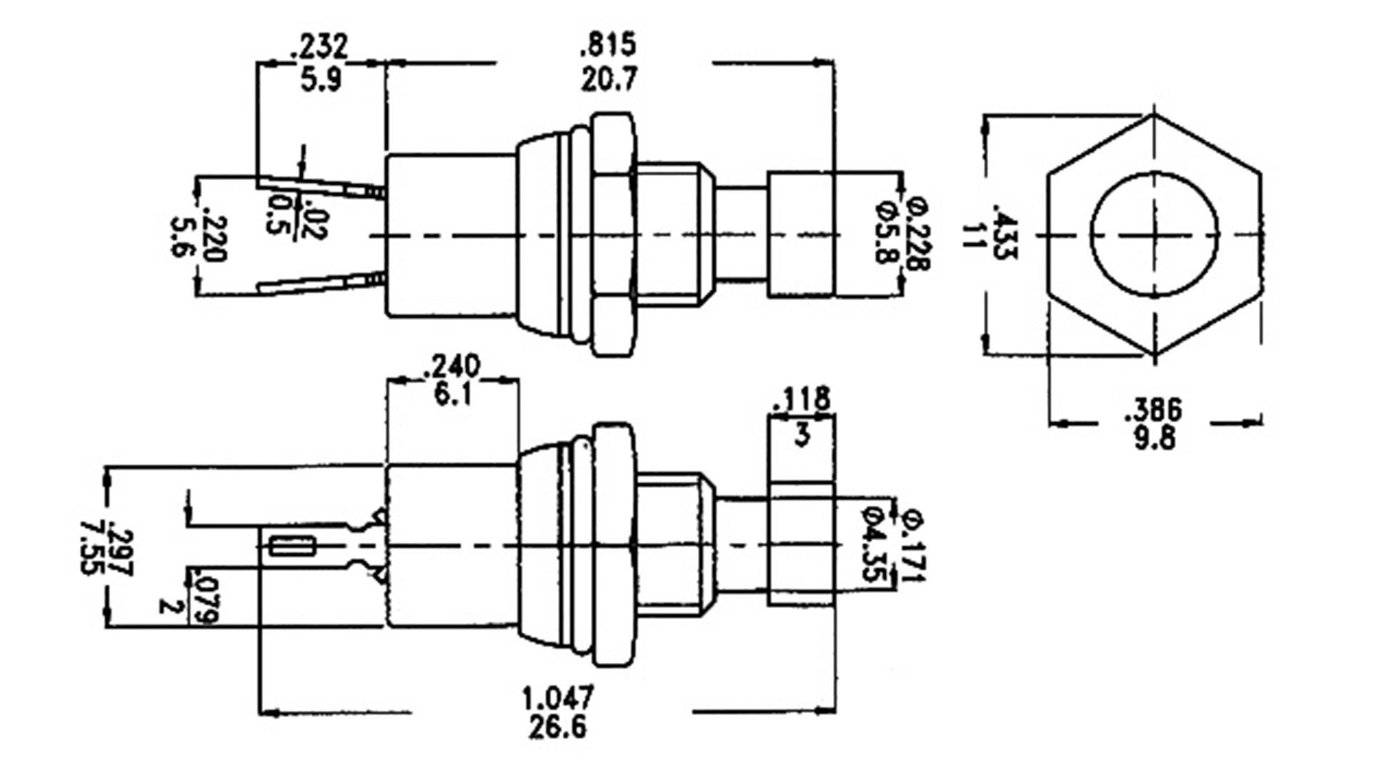 Technische tekening van een elektrische connector met afmetingen in inches en millimeters. Zij- en bovenaanzicht met gedetailleerde afmetingen.