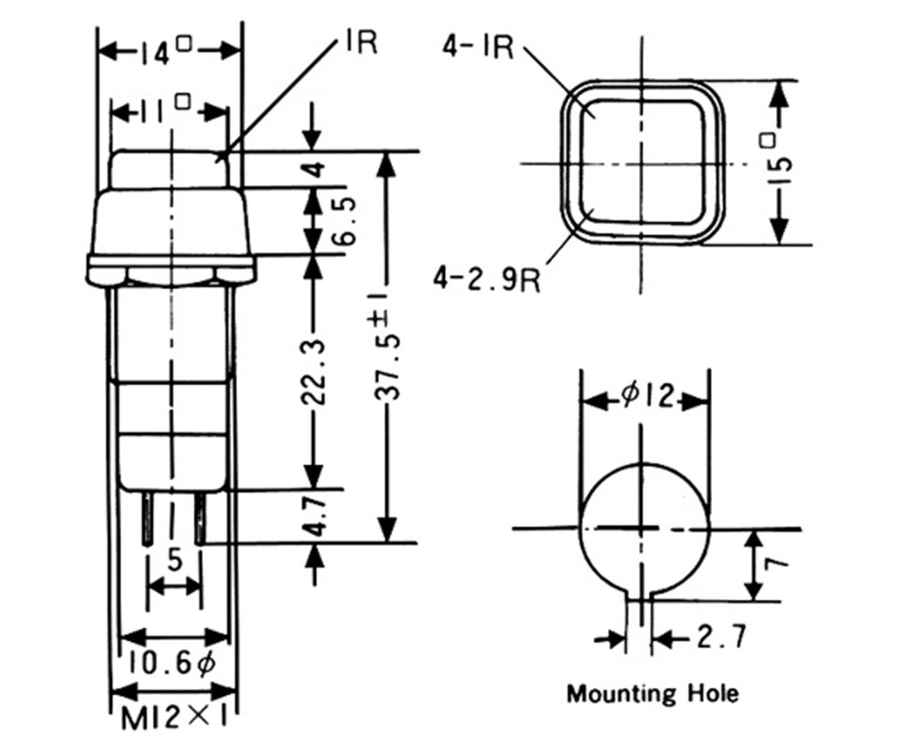 Technische tekening van een onderdeel met afmetingen. Linksboven: 14,0; Midden: 37,5 ± 1; Onder: 10,6 φ. Rechtsonder: Montage-gat 12,0 φ.