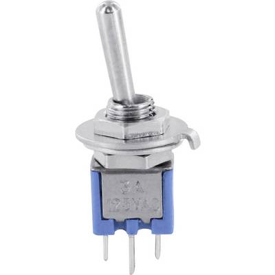 Een metalen tuimelschakelaar met een blauwe kunststof behuizing, geschikt voor een spanning van 125 V en een stroom van 3 A.