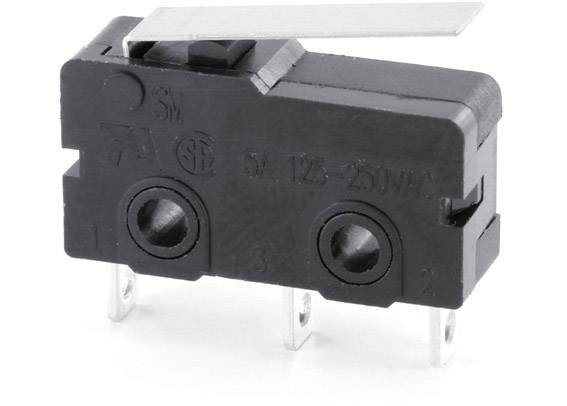 Een zwarte microswitch met drie metalen aansluitingen en een hendel bovenop, die wordt gebruikt voor besturing in elektronische apparaten.