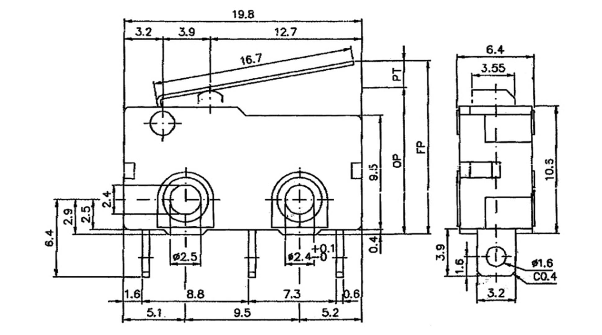 Technische tekening van een schakelaar met nauwkeurige afmetingen in millimeters. Vooraanzicht, zijaanzicht en bovenaanzicht met maatvoering.