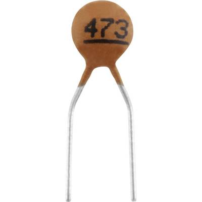 Keramische condensator met opschrift '473', bestaande uit een rond, bruin schijflichaam en twee metalen pootjes.