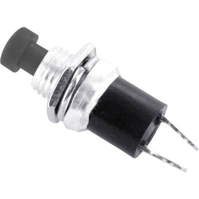 Kleine zwarte drukschakelaar met metalen schroefdraad en twee aansluitpennen, gebruikt voor het bedienen van elektrische schakelingen.