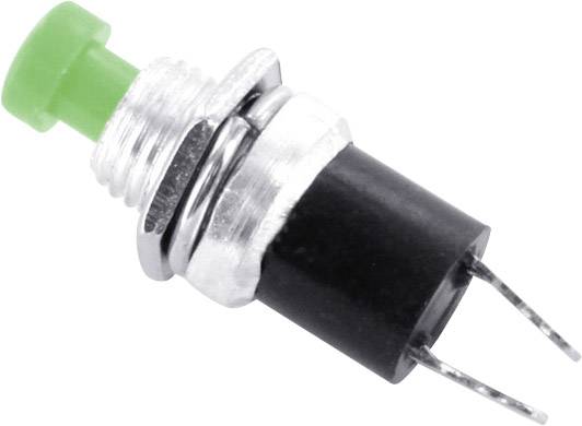 Kleine groene drukknop met zilveren behuizing en twee aansluitdraden, geschikt voor elektronische schakelingen.