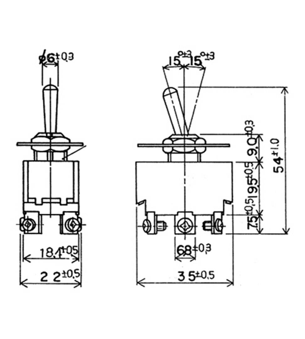 Technische tekening van een schakelaar met afmetingen in millimeters, toont voor- en zijaanzicht.