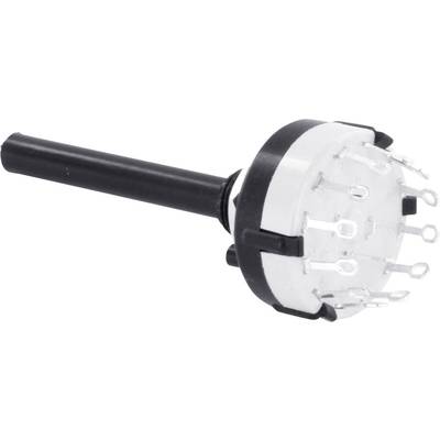 Een ronde elektrische draaischakelaar met tien aansluitingen en een lange zwarte steel.