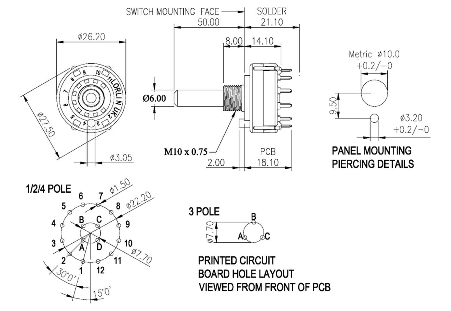 Schematische tekening van een elektrische schakelaar met afmetingen, montagehandleiding, details voor printplaatbevestiging en contactopstelling.