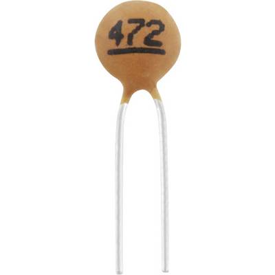 Een bruine keramische condensator met de opdruk '472' en twee metalen pootjes, een typisch elektronisch onderdeel.