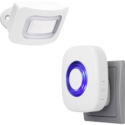 Een wit, draadloos deurbel-set met een blauw oplichtende ontvanger die in een grijze stopcontact is gestoken.