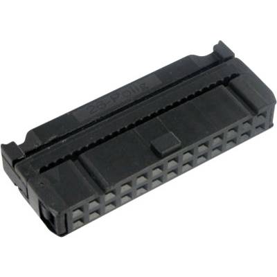 Zwarte computerconnector met rechthoekige vorm en meerdere pinnen. Wordt gebruikt voor het verbinden van elektronische componenten of systemen.