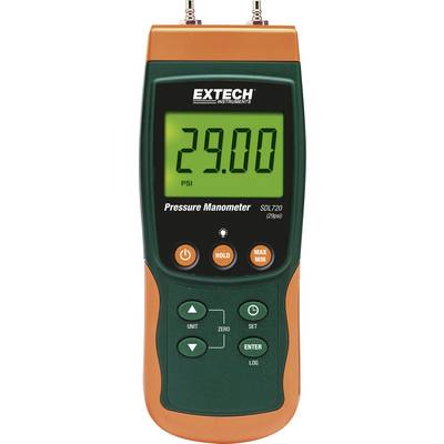 Digitale manometer toont '29.00 PSI' op groen display. Toetsen voor Hold, Max/Min en eenheid onderaan. Apparaat voor drukmeting.