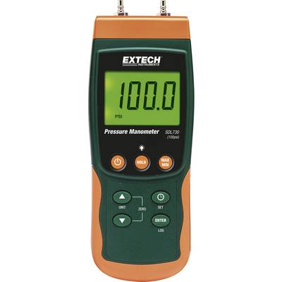 Handmatige drukmeter met digitaal display dat '100,0 PSI' weergeeft, voorzien van bedieningsknoppen voor het instellen en opslaan van meetwaarden.