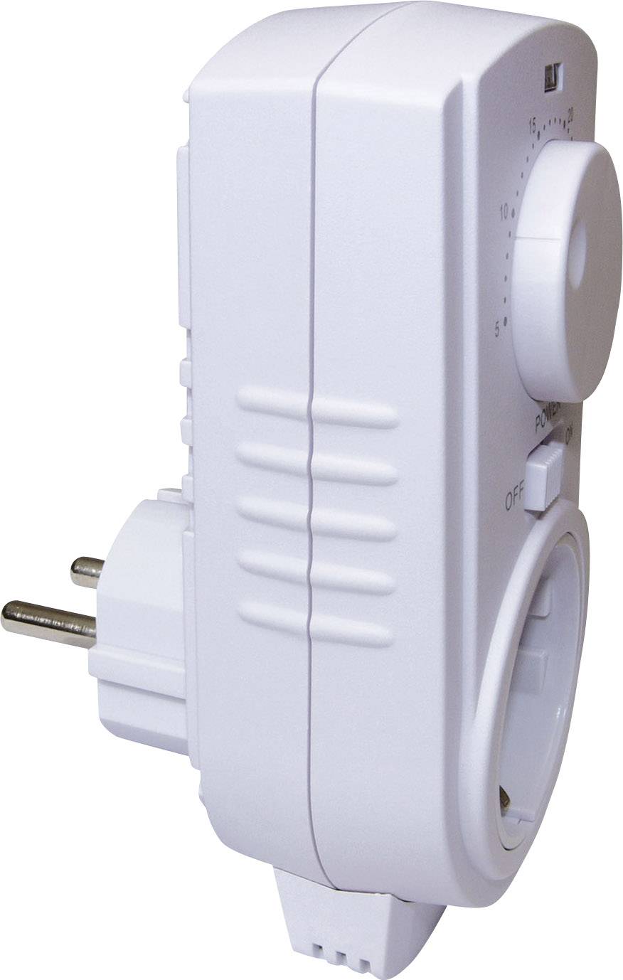 Een witte elektrische tijdschakelaar met een draaiknop voor tijdsinstelling. Geschikt voor EU-stopcontacten.