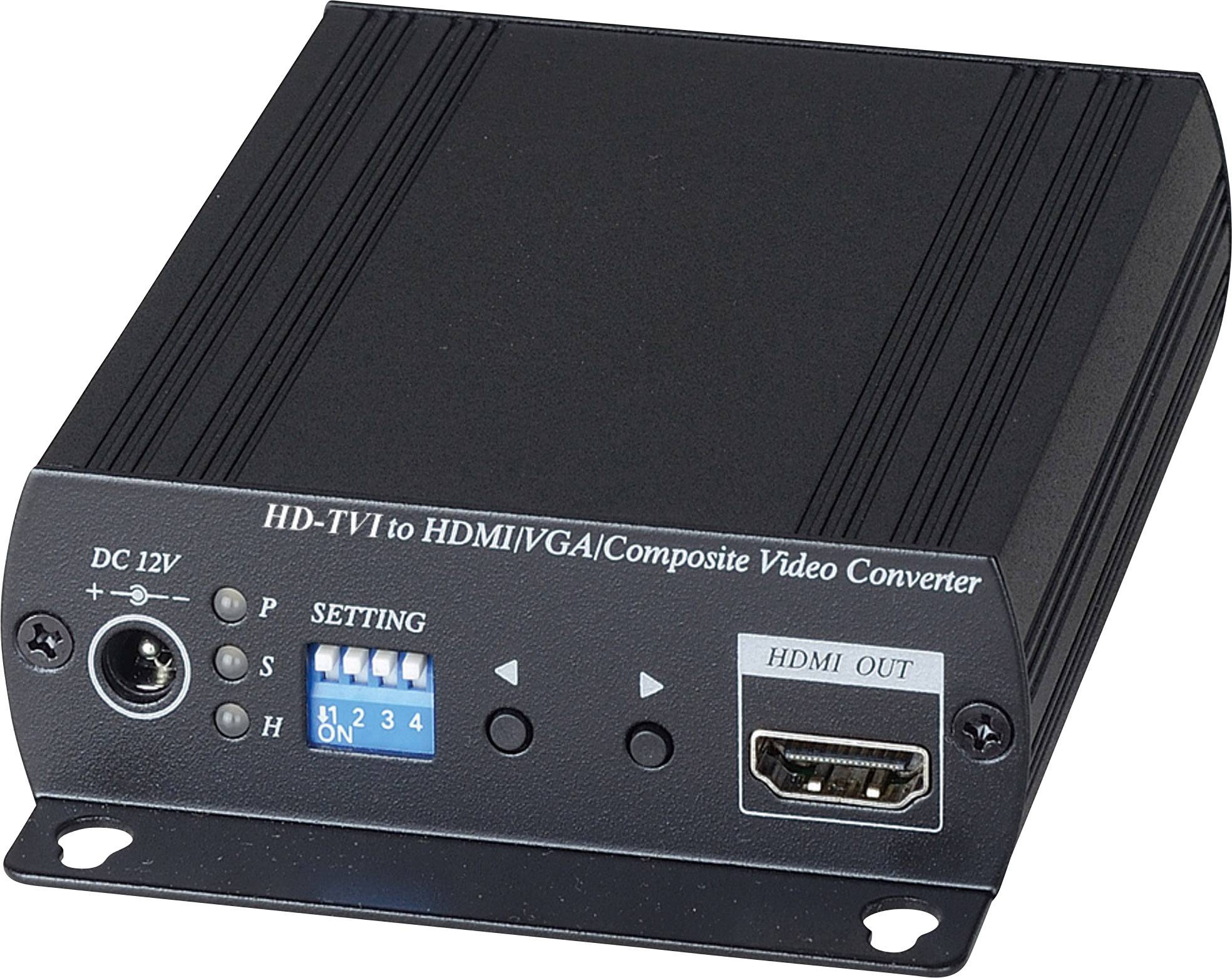 'HD-TV1 naar HDMI/VGA/Composite Video Converter' met schakelaars en HDMI-uitgangsaansluiting. Gebruikt voor videoformaatomzetting.