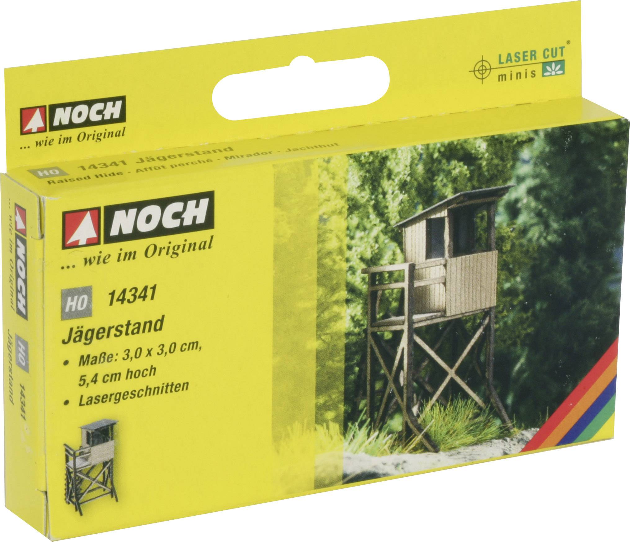 Gele karton met modelbouwset van een jachthut van het merk 'Noch'. Opschrift: 'Jachthut, schaal HO, afmetingen: 3,0 x 3,0 x 5,4 cm'.
