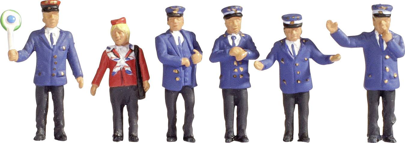 Zes miniatuurfiguren in uniform, waarvan vijf in blauwe spoorwegkledij en één in rode uniform, staan op een rij.
