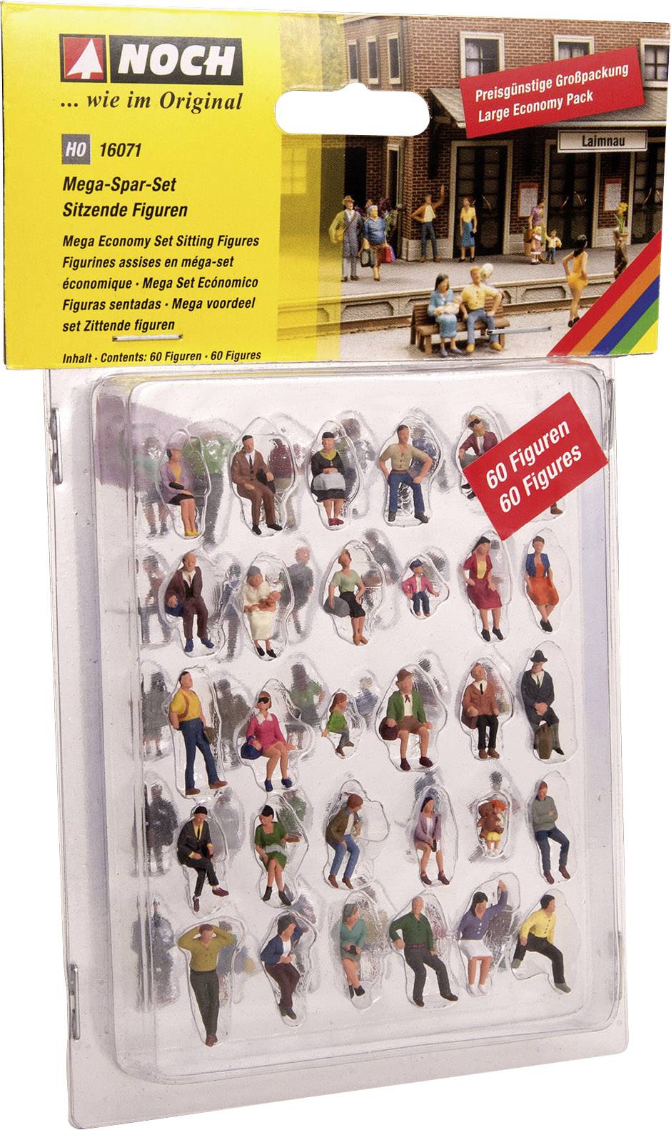 Verpakking met 60 modelfiguren in H0-schaal, zittende mensen in verschillende houdingen en outfits. Bevat een kleurenfoto van de figuren.