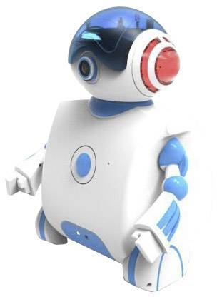 Een kleine, wit-blauwe robot met een koepelvormige kop en rode oren staat rechtop. Ontworpen voor interactieve of speelse toepassingen.