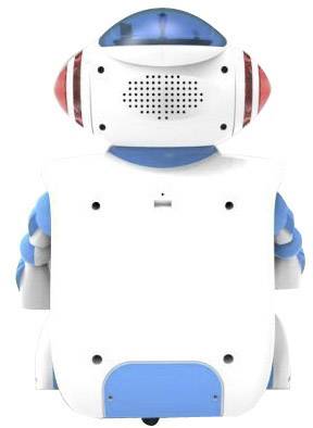 Een wit-blauwe robot van achteren gezien, met zichtbaar hoofd en armen, die zou kunnen worden ingezet voor assistentietaken of als educatieve robot.