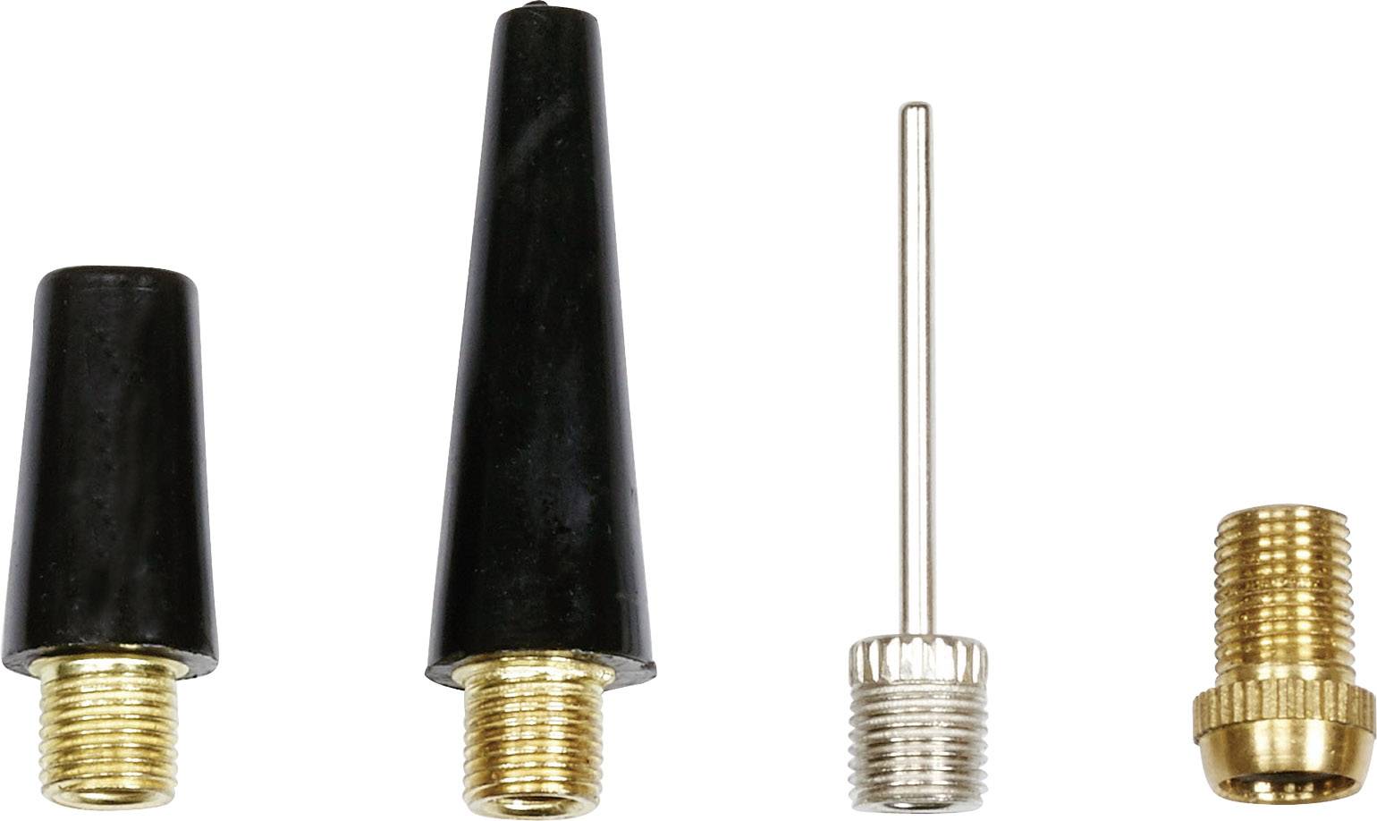 'Vier adapters voor pompen: twee zwarte met goudkleurige schroefdraad, een zilveren met metalen naald, een kleine gouden.'