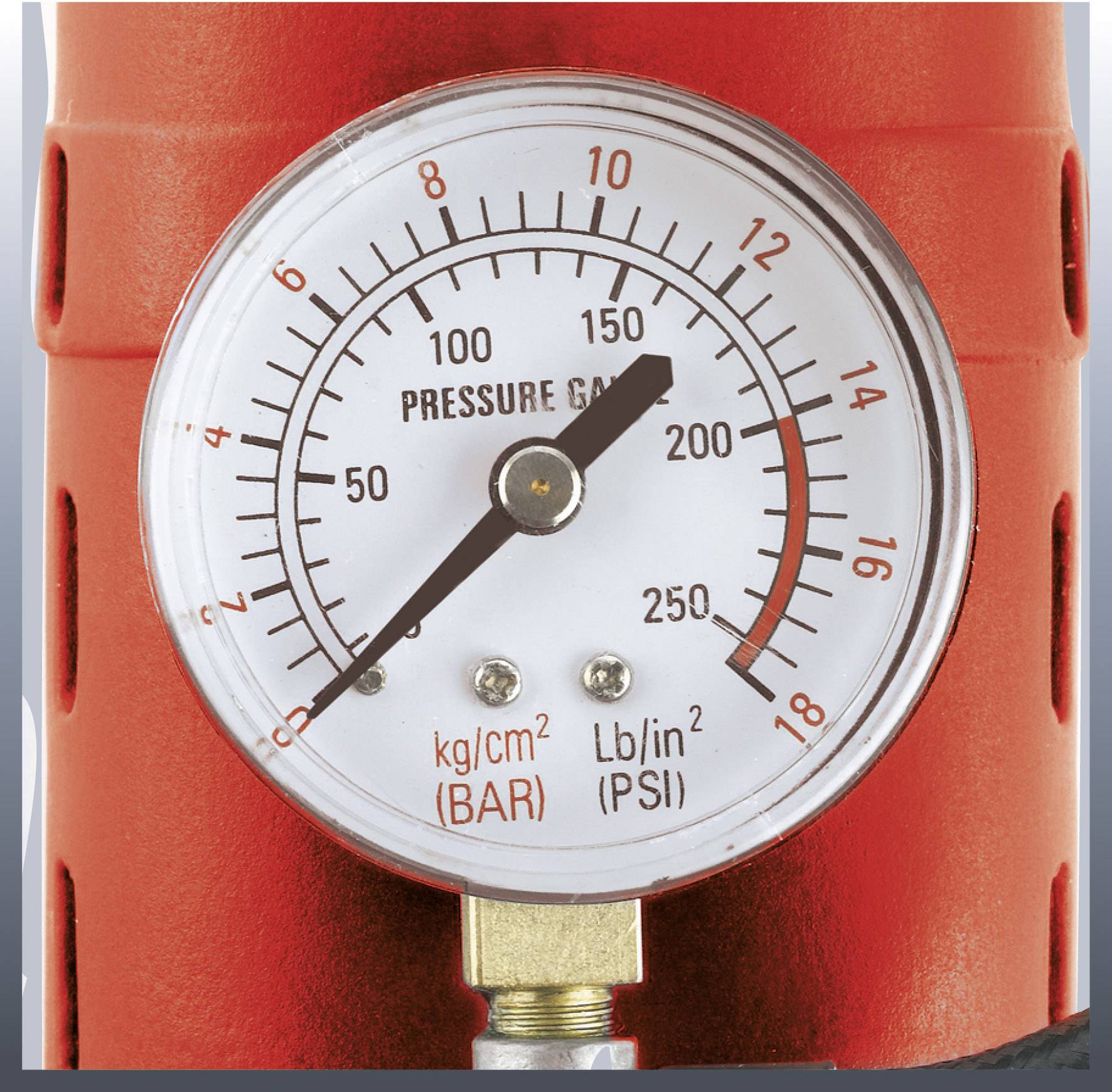 Een drukmeter toont 180 PSI en ongeveer 12,5 BAR op een schaal. Het wijzerplaat is ingebouwd in een rood behuizing.