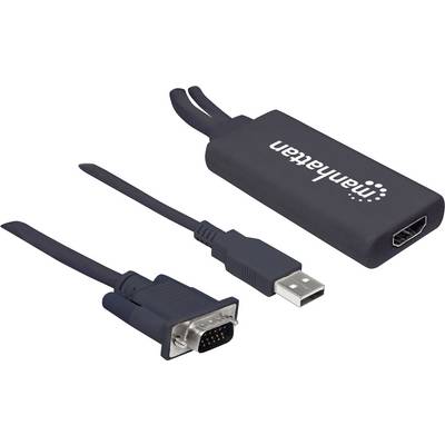 VGA naar HDMI-adapter met USB-voeding. De adapter is zwart met het logo van een merk erop.
