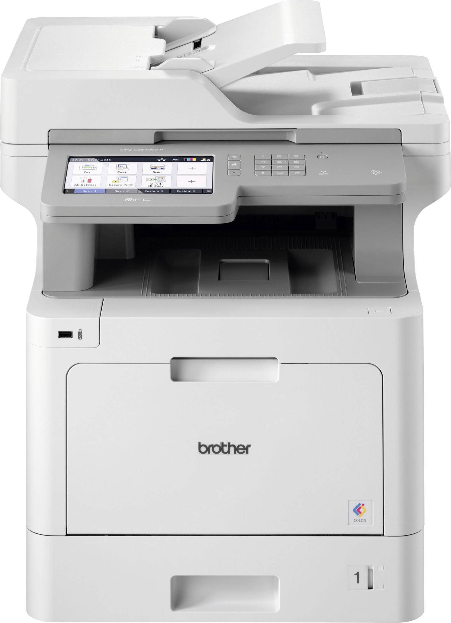 Een grijze multifunctionele printer met scan-, kopieer- en faxeenheden. Het touchscreen en bedieningspaneel zijn zichtbaar aan de voorkant.
