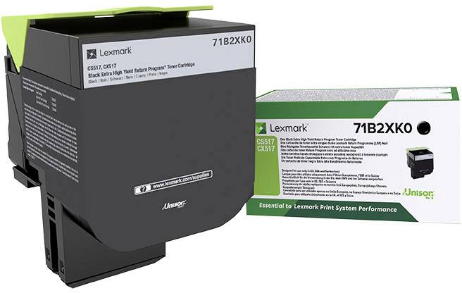 Lexmark Tonercartridge 71B2XK0 in Zwart, verpakking en cartridge afgebeeld, geschikt voor CS517, CX517 printermodellen.