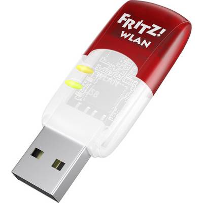WLAN-USB-stick in rood en wit met het opschrift 'FRITZ! WLAN', toont lichtindicatoren voor verbindingsstatus.