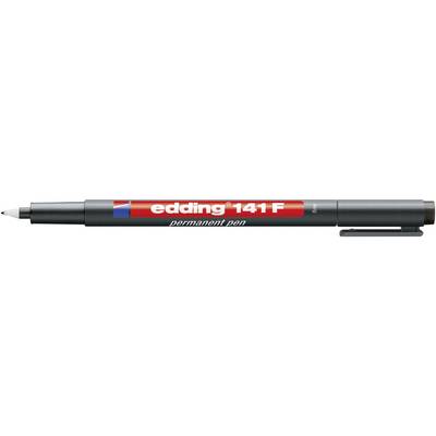 Zwarte Edding 141 F Permanente marker met rode dop en zilveren punt; geschikt voor het beschrijven van gladde oppervlakken.