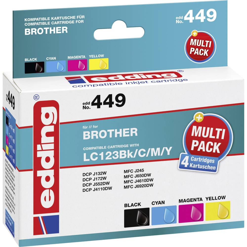 Edding Inkt vervangt Brother LC-123 Compatibel Combipack Zwart, Cyaan, Magenta, Geel edding 449 EDD-449