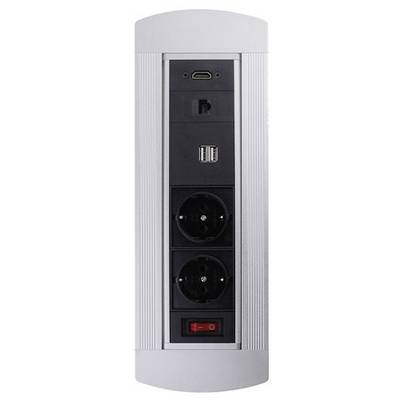'Stekkerdoos': Verticale stekkerdoos met twee stopcontacten, twee USB-poorten, een netwerkaansluiting en een schakelaar.
