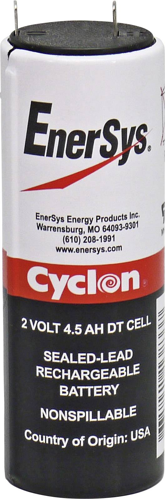 Cilindrische batterij met opschrift 'EnerSys Cyclon'. Specificaties: 2 Volt, 4.5 Ah, oplaadbaar, lekvrij, vervaardigd in de VS.