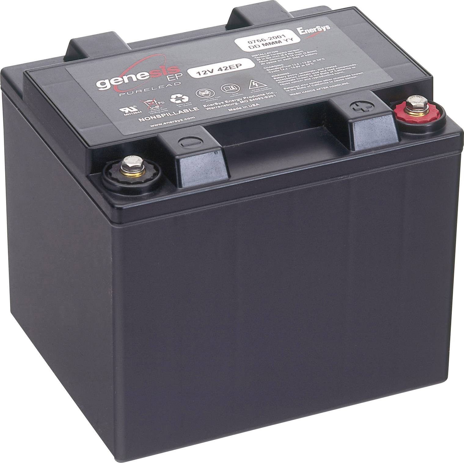 'Batterij 12V 42EP, zwarte behuizing, rode en zwarte polen bovenaan; geschikt voor industrieel gebruik en energievoorzieningen.'