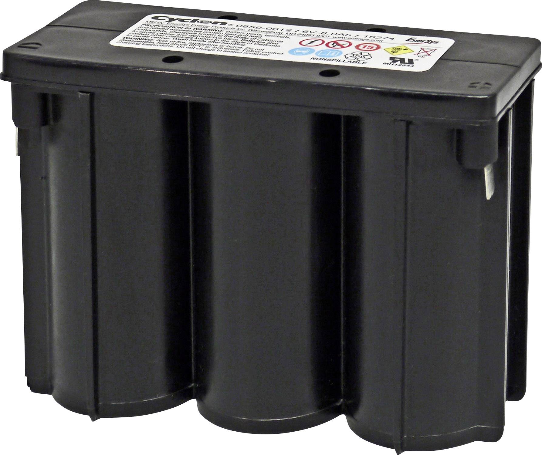 Een zwarte, rechthoekige batterij met een waarschuwingsetiket bovenaan. Geschikt voor elektrisch gereedschap.