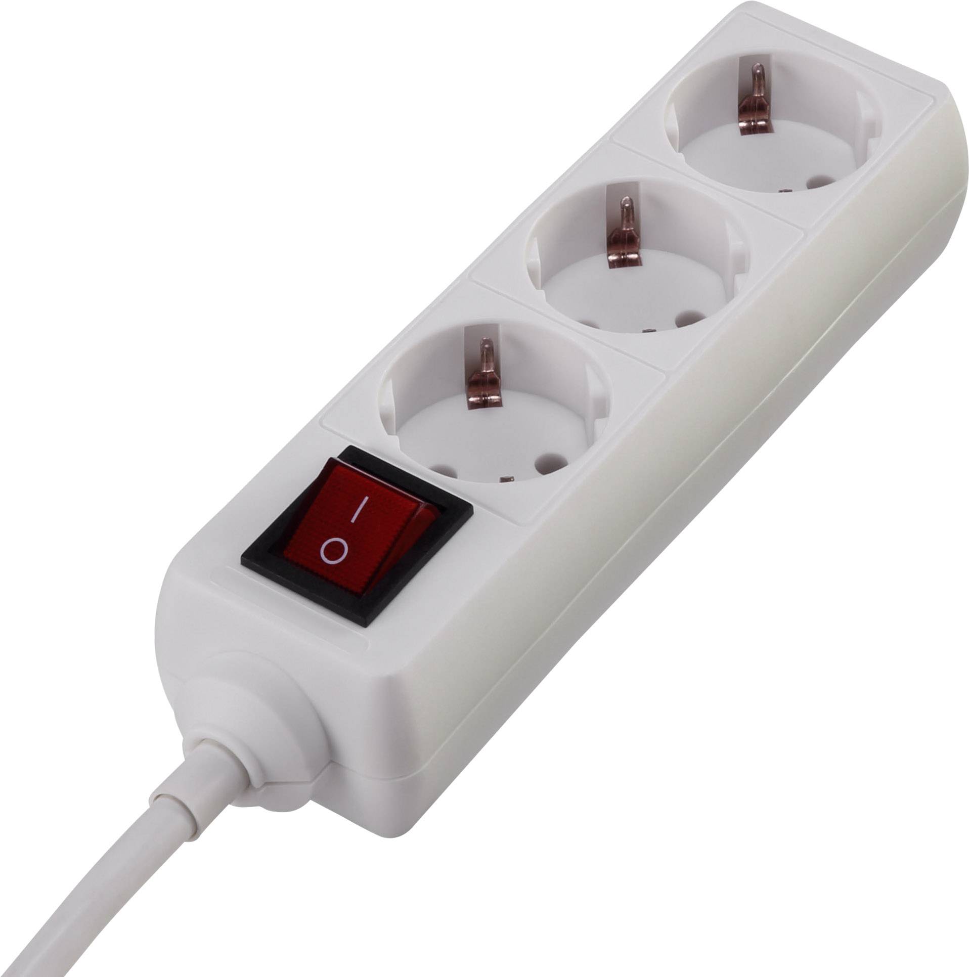 Drievoudige stekkerdoos met rode aan- en uitschakelaar. Geschikt voor aansluiting van maximaal drie elektrische apparaten.