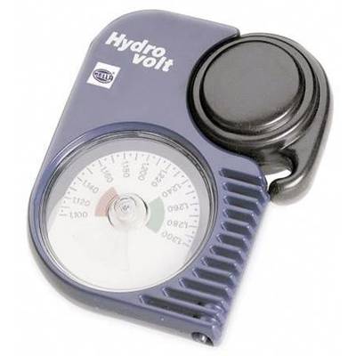 Meetinstrument voor het controleren van de zuurgraad van batterijen, met een schaal van 1,10 tot 1,30 g/cm³, geeft het veilige, kritische of gevaarlijke bereik aan.