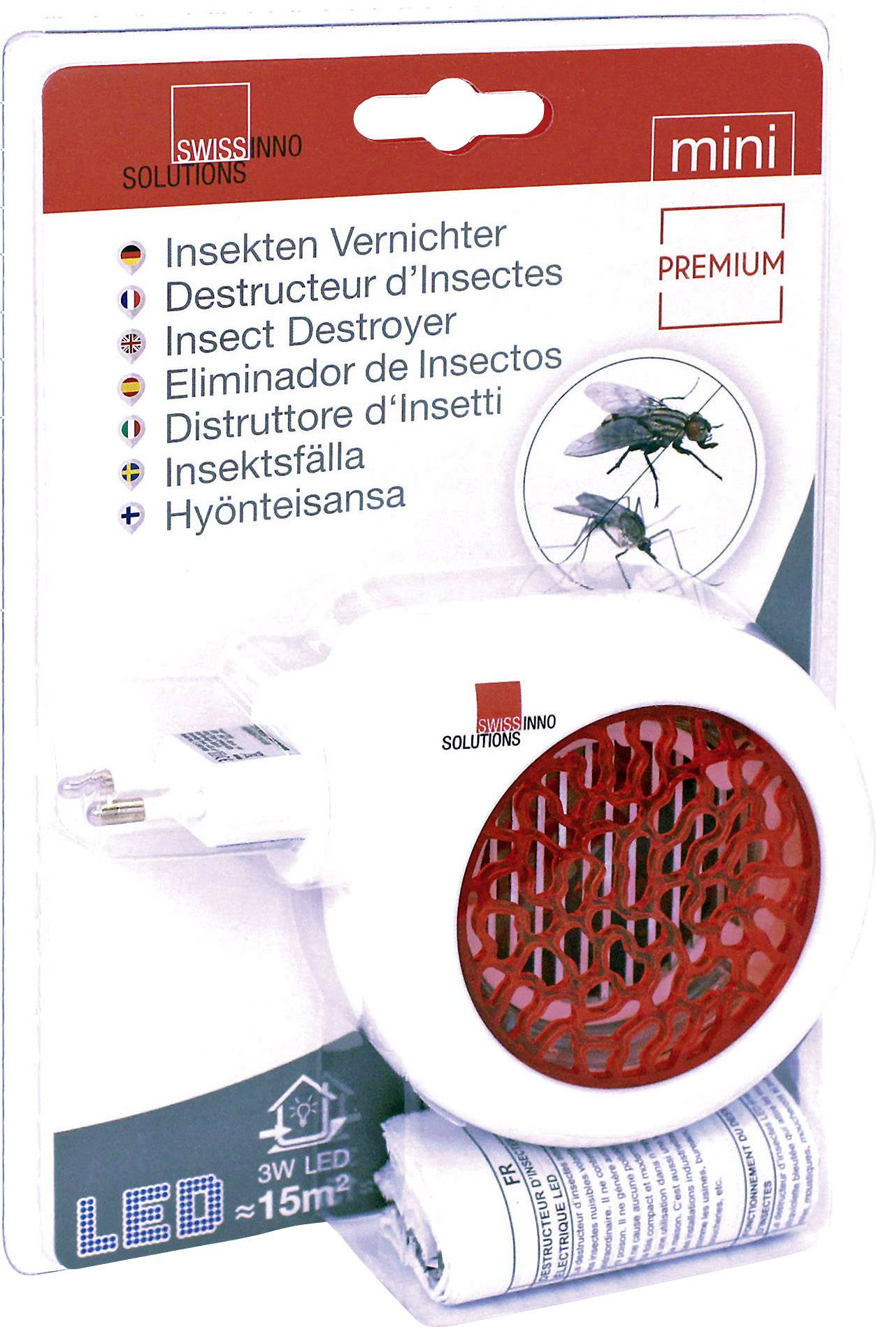 Een insectenverdelger van het merk Swissinno met LED-verlichting, geschikt voor oppervlaktes tot 15 m², afgebeeld op de verpakking.