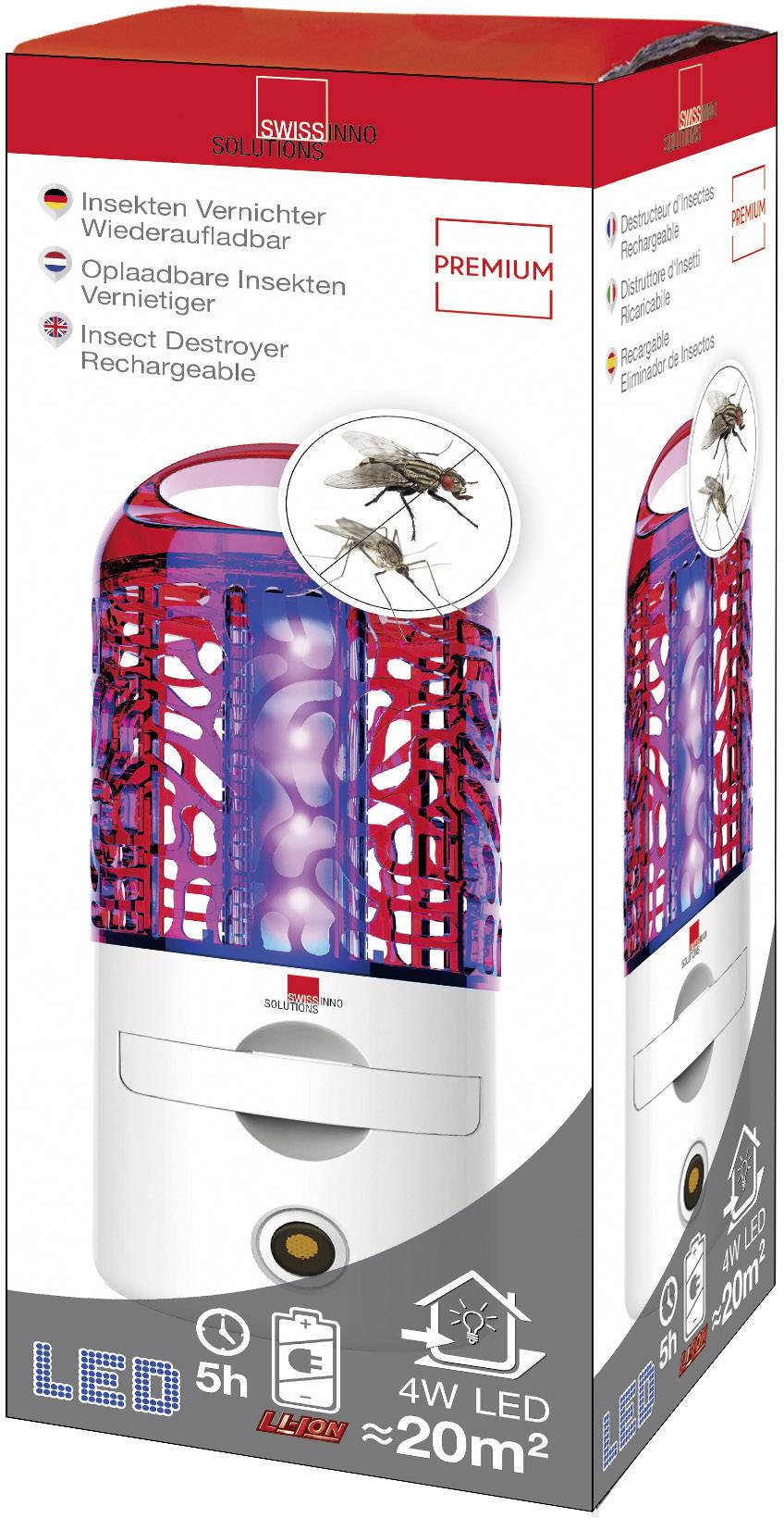 Navulbare insectenverdelger met LED-verlichting, afgebeelde verticale container, geschikt voor oppervlaktes tot 20 m², toont vlieg.