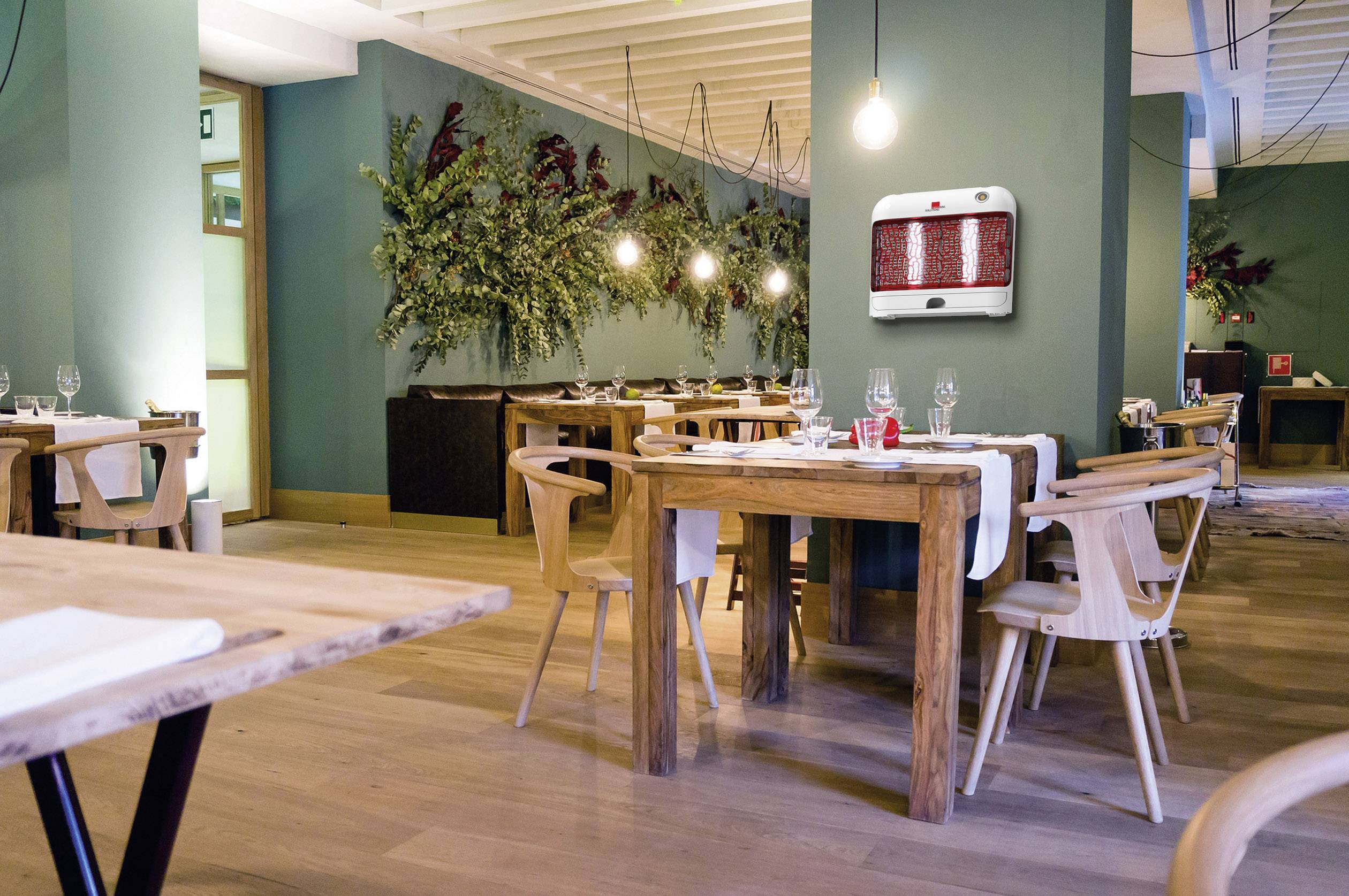 Een gezellig restaurant met houten tafels en stoelen, gedecoreerde muren met planten en warm licht.
