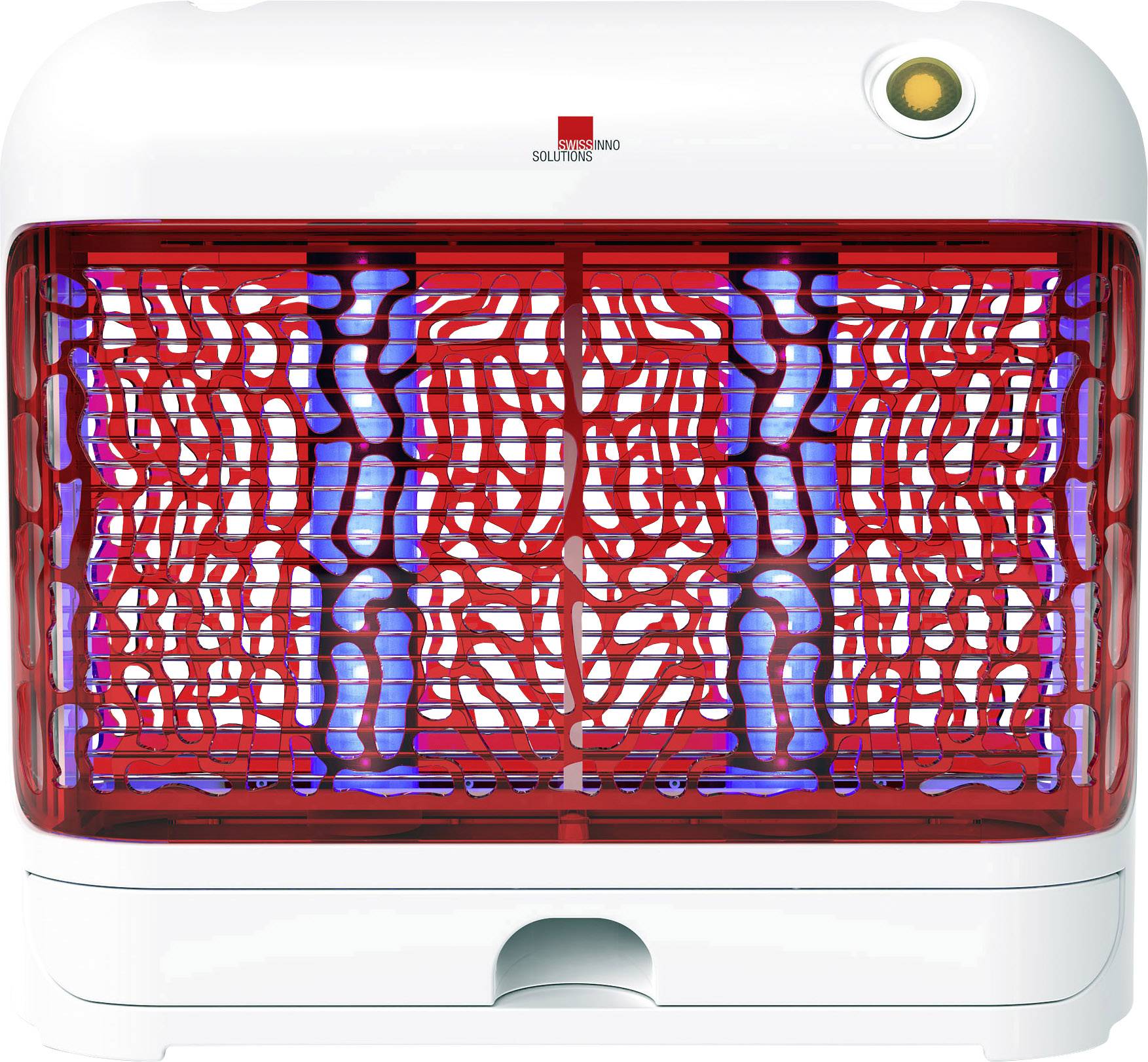 Een elektrische insectenverdelger met een rood verlicht rooster en een ronde gele knop rechtsboven.