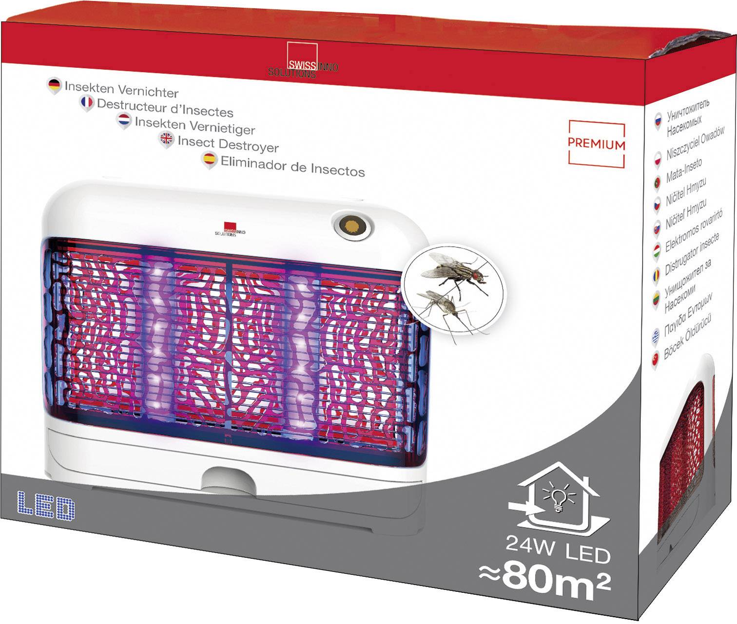 Insectenverdelger in een wit behuizing met blauw-rood rooster, geschikt voor 80 m², 24W LED. Afbeelding van twee gevangen insecten. Verpakking toont 'SWISSINNO'.