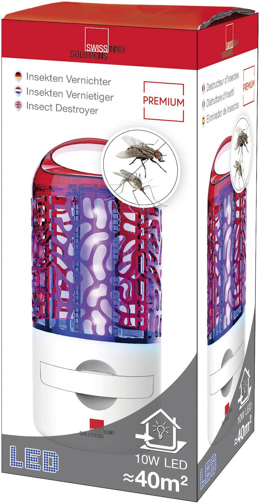 Verpakking van een insectenverdelger met LED, model voor 40m². Toont een apparaat en een vlieg ter illustratie van de werking.