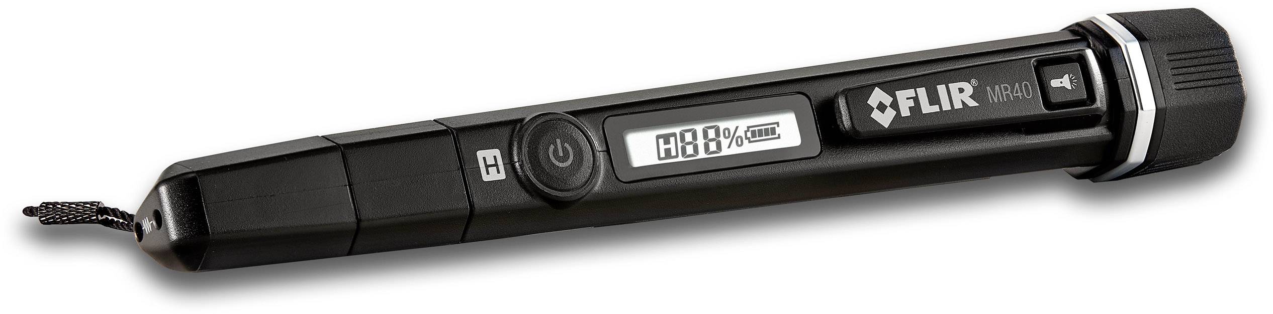 Digitale vochtigheidsmeter met display toont '18%' om vochtgehalte te meten. Compact, staafvormig ontwerp met polsbandje.