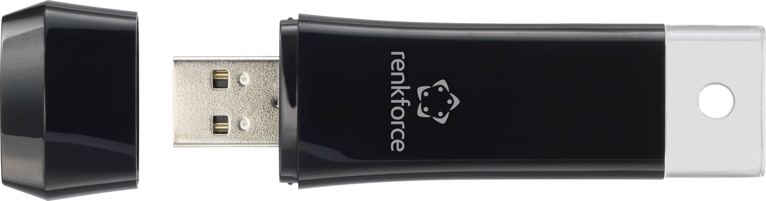 Zwarte USB-stick van het merk Renkforce met verwijderde dop, zilveren aansluiting en een klein logo in het midden.