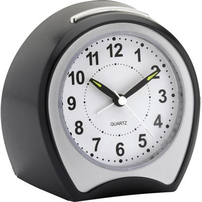 Zwarte wekker met wijzerplaat. Wijzers wijzen naar 10:10 uur. Knoppen bovenaan aanwezig.