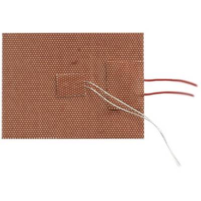 Bruine printplaat met rode en witte draden, aangesloten op twee rechthoekige gebieden. Deze zou kunnen worden gebruikt voor elektrische projecten.